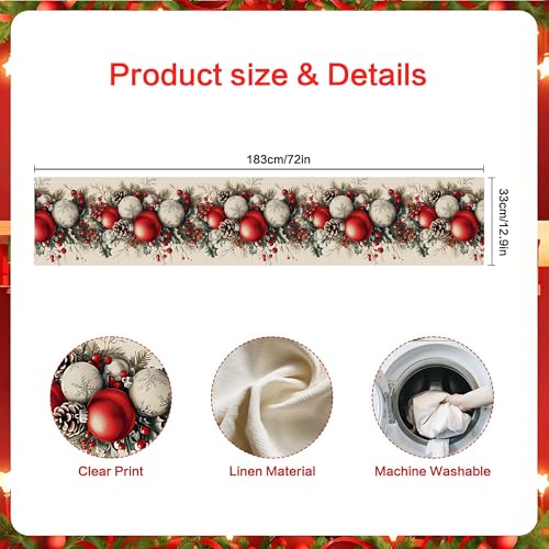Everglit Christmas Table Runner 13x72 Linen with Balls, Holly Leaves, Berries, Pine Cones & Branches