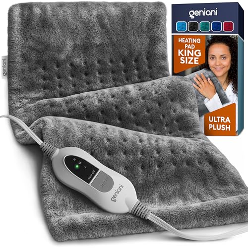 GENIANI Electric Heating Pad for Back & Neck Pain Relief, 12x24 Tabby Gray
