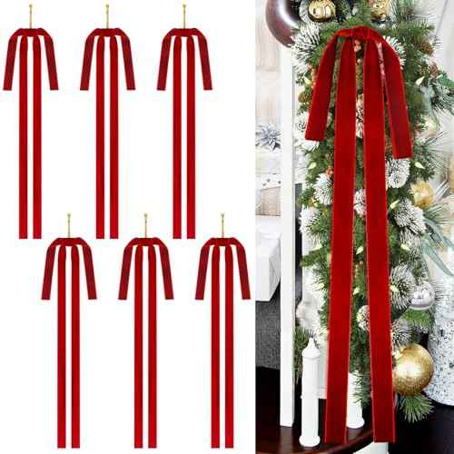6 Pack Velvet Christmas Bows, 24" x 15.5" Long Red Velvet Bows for Christmas Tree, Vintage Velvet Ribbon Bows for Christmas Wreath Garland Staircase Fireplace Indoor Outdoor Decor
