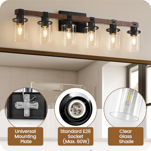 GOEBLESON 6-Light Bathroom Vanity Light Fixture with Glass Shades, Rustic Black & Brown