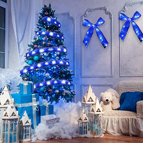 Blue Christmas Ribbon Lights 2in x 66ft 100 LED Battery-Operated Decorative Ribbon