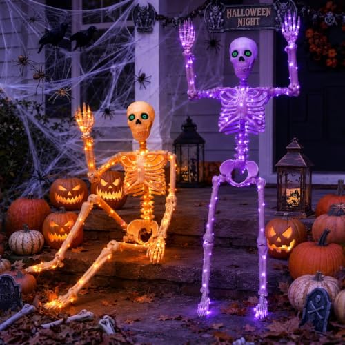 Halloween Skeleton Decor 2 Pack with Orange & Purple Lights, Adjustable Joints, 3FT