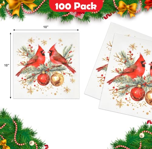 Christmas Cardinal Cocktail Napkins Set of 100, Red Bird & Ornament Design