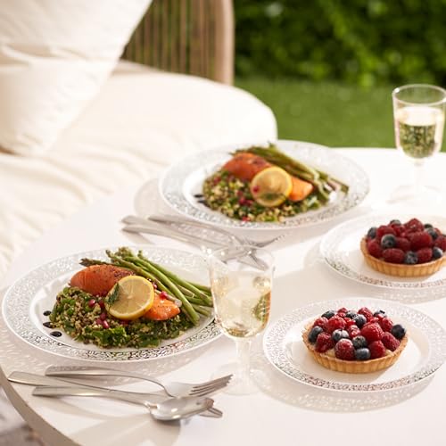 MATANA White & Silver 40-Piece Plastic Plate Set - Dinner & Salad, Reusable, Elegant