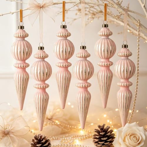 Munansli Pink Vintage Finial Christmas Ornaments, 6Pcs - Shatterproof 5.71in Pink Gold