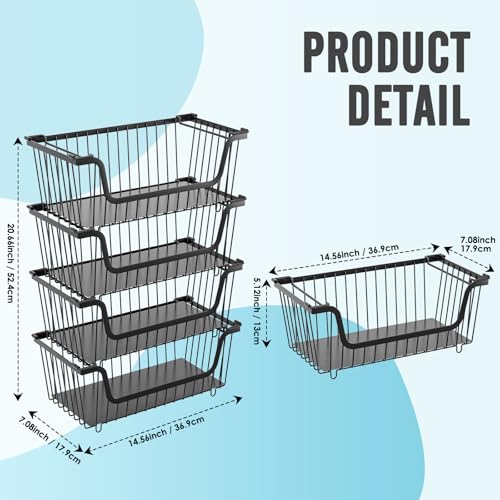GAOKASE 4 Pack Stackable Wire Baskets Pantry Organizers & Storage Bins, Black