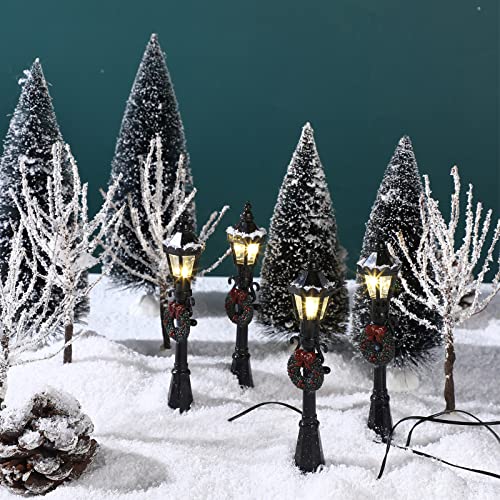 Mini Christmas Trees and Lamp Post Set - Winter Village Decor, 12 pcs