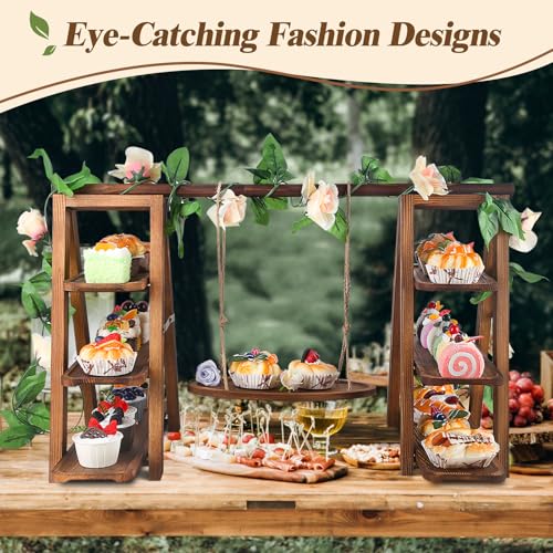 Wooden 3-Tier Cupcake Stand with Swing & Flower Decor - Brown