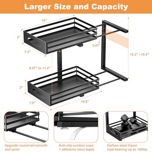 Black 2-Tier Under Sink Organizer with Adjustable Height - Pull-Out Cabinet Storage Shelf