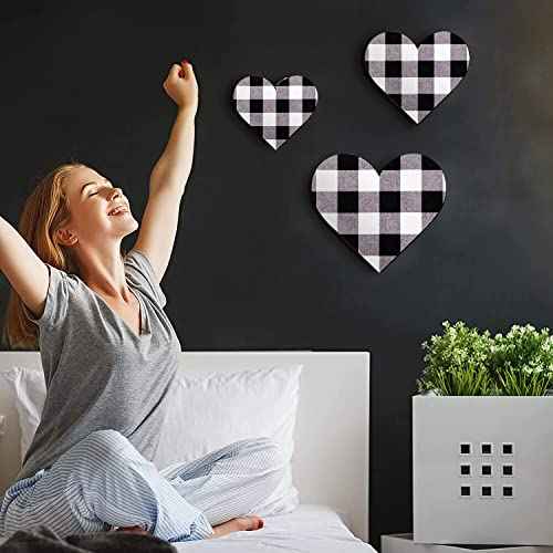 Jetec 3 Pcs Heart Shaped Wood Sign Gray Purple Buffalo Plaid Christmas Wall Decor Farmhouse Rustic Wooden Heart Hanging Wall Sign for Kitchen Bedroom Bathroom Living Room Gift, 3 Sizes