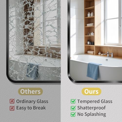 Black 40 Inch x 32 Inch Bathroom Wall Mirror - Brushed Metal Frame, Tempered Glass