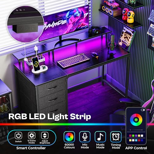 47 Inch Computer Desk with LED Lights & Power Outlets - Black, Reversible Drawers, Monitor Stand, Gaming & Office Use