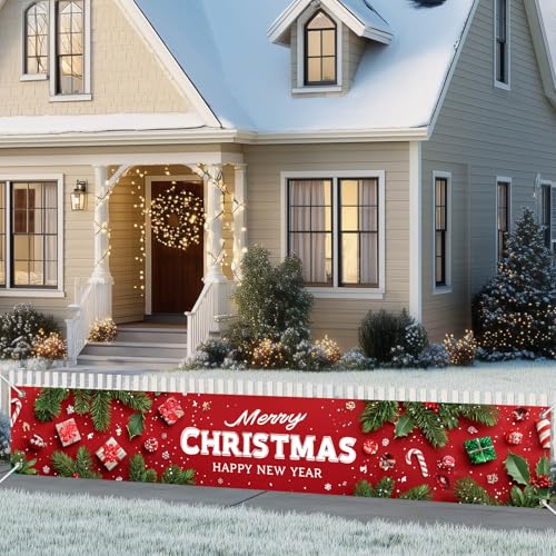 HOMETITUTE Merry Christmas Fence Banner Candy Cane Decor 118x20 Inch - Variation #04