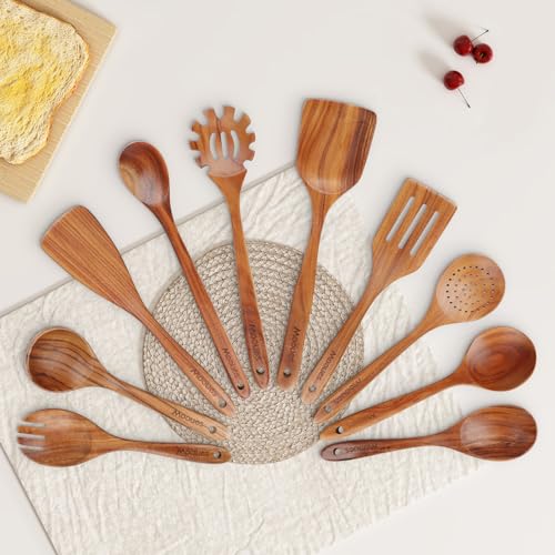 Mooues Wooden Cooking Utensils Set - Natural Teak Kitchen Tools, 10 Pieces