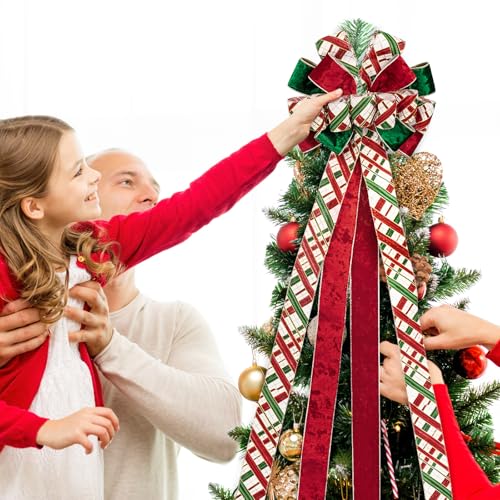 RUSPEPA Large Christmas Tree Topper Bow Plaid with Gold Trim - Red, Green, White, 13x52 inches