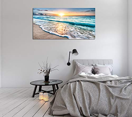 Baisuart Sunset Beach Waves Canvas Wall Art 40x20 Inch Framed Decoration