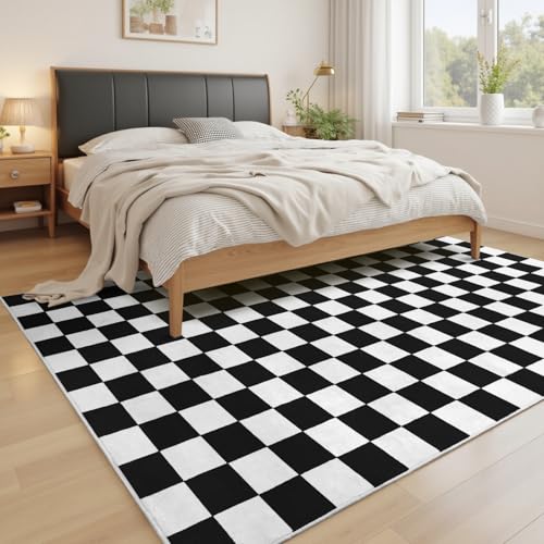 Black and White Checkered Area Rug 5x7 - Soft Non-Slip Living Room Carpet - Variation of Black & White / 5' x 7' Rectangular