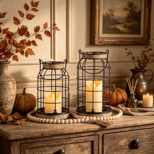 MATAHUM Rustic Farmhouse Candle Lantern Set - 2Pcs with Flameless Candles, Boho Decor