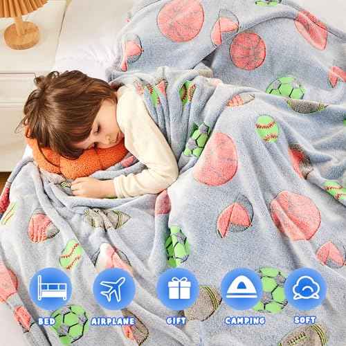 inhand Soccer Glow in The Dark Blanket Football Blanket Soccer Gift Toys for Boys Girls Teen Soft Cozy Kids Throw Blanket Bedroom Decor,Christmas Easter Birthday £¨Blue 50"x60"£©
