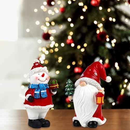 Christmas Gnome Figurines 2 PCS Xmas Snowman Decoration Indoor Resin Collectible Statue Cute Holiday Ornament for Table Home