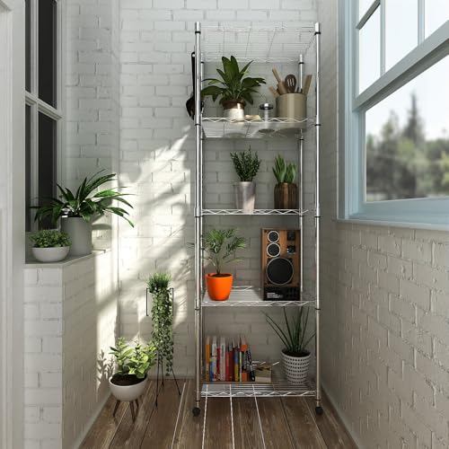 Homdox 5-Tier Steel Wire Shelving Unit with Wheels - 23.23 x 13.78 x 72.05 Inch, Silver Heavy Duty Storage Rack