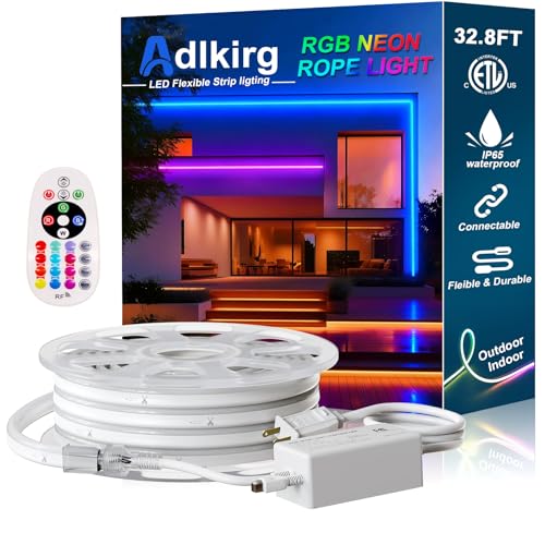 RGB 32.8FT Neon Rope Light with Remote - 16 Colors, Dimmable, Waterproof, Expandable, ETL Certified