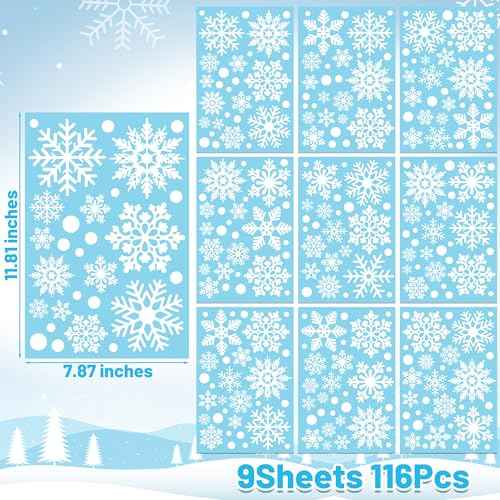116PCS Christmas Decorations, 9 Sheets Christmas Window Clings, Snowflake Window Clings Decals, Double Sided Xmas Snowflake Decal Stickers for Winter Holiday Home Indoor Decorations Decor Supplies