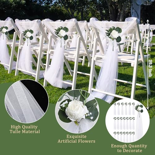 Wedding Aisle Decorations Set - White Flowers & Tulle for Ceremony