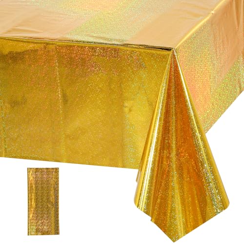 FunnyPars Gold Iridescent Plastic Tablecloth 54x108 Inches - Rectangular Party Decor