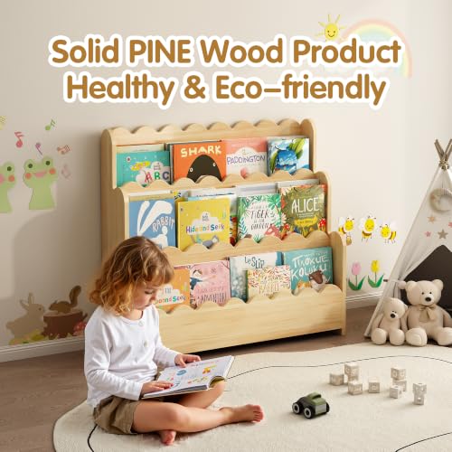 Natural 3-Tier Solid Pine Wood Bookshelf with Scalloped Edges - Montessori Style