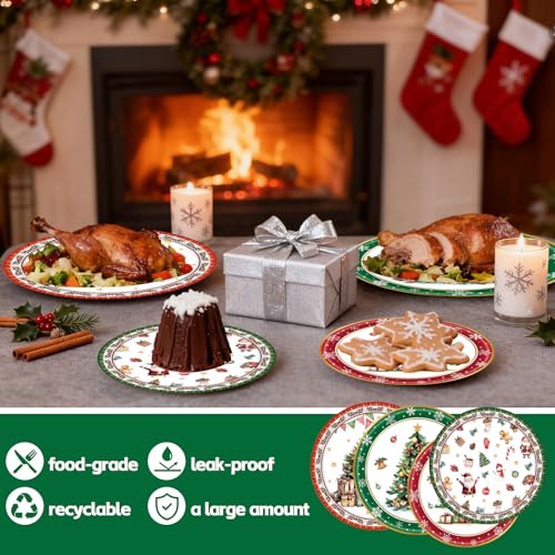 Christmas Paper Plates Set 48PCS Tree Design Red & Green Holiday Party Dinnerware