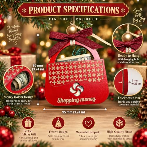 Wooden Red Purse Christmas Ornament - Gift Card & Cash Holder for Holiday Stocking Stuffers