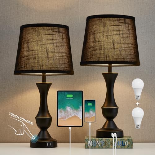 Black Touch Table Lamps Set of 2 - 22-Inch Bedside Lamps with USB Ports