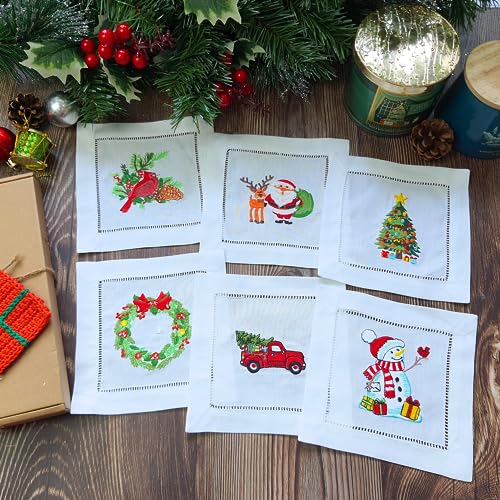 HCRAFT 6x6 in Christmas Cocktail Napkins - Embroidered Cotton Set of 6, Xmas Decorative