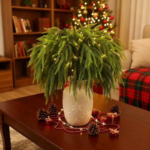 MGupzao 12Pcs 27-Inch Christmas Norfolk Pine Stems with Lights, Green