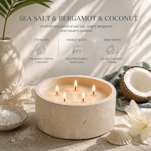Sea Salt & Bergamot & Coconut Scented Candle - Large 44oz Soy Coconut Wax with Acacia Wood Lid - Long-Lasting Aromatherapy Home Decor