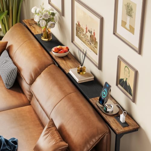 Narrow Console Table with Power Outlet - Rustic Brown & Black, 76.9"