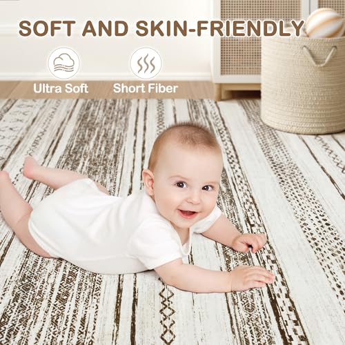 Tortania 9x12 Washable Boho Moroccan Area Rug - Soft Neutral Floor Carpet for Living Room & Bedroom