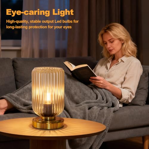 LightRound Cordless Dimmable Table Lamp with Amber Glass Shade & Gold Base - Touch Control, 7500mAh Battery, Modern Bedroom Nightstand Light