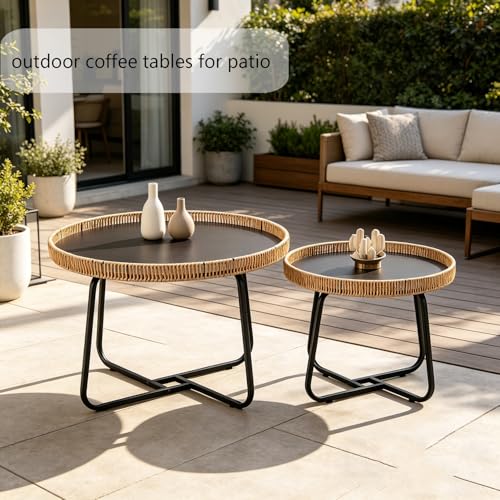 Nesting Coffee Table Set of 2 - Modern Wicker & Metal Side Tables, 27.6 & 19.7 inch