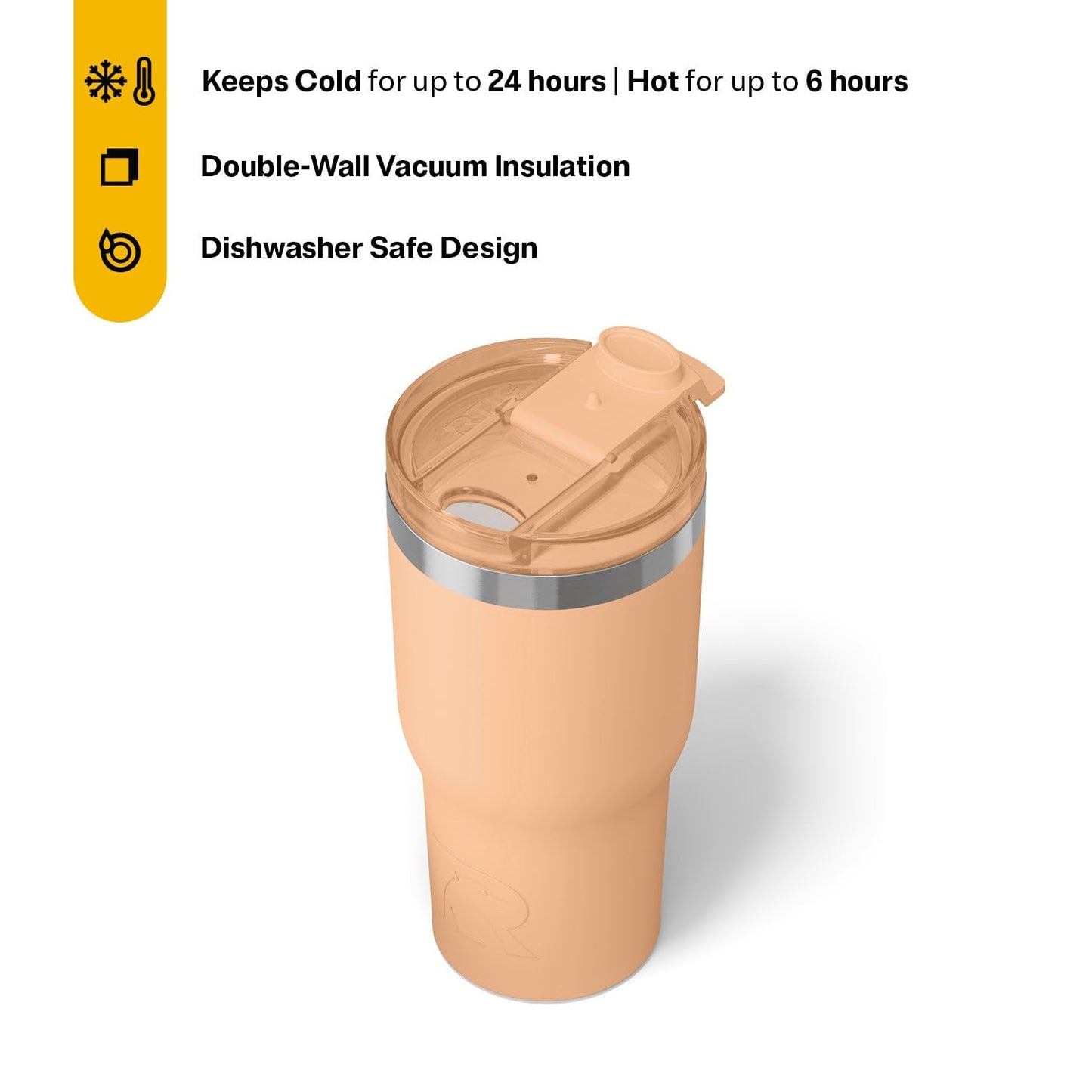 RTIC 20oz Essential Tumbler with Lid, Ceramic Lined, Insulated, Stainless Steel, Metal, Double Wall Vacuum-Insulation, Travel Cup for Iced Coffee, Tea, Hot and Cold Drink, Peach Tea