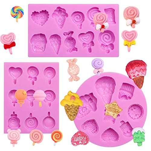 Ice Cream Fondant Molds Silicone, Lollipop Candy Molds, 3 Packs for Making Ice Cream Shapes Fondant Mold, Cake Decoration, Cupcake Toppers, Candle, Resin, Clay