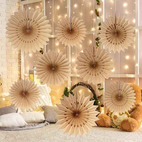 Resholder 9 Pcs Christmas Hanging Decorations Large Paper Fans Neutral Paper Fans Hanging Ornament Kit for Christmas Holiday Party Supplies Home Decorations 10/12/14 Inch(Brown)