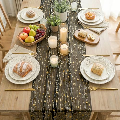 Artoid Mode 28x120 Inch 6pc Black Gold Glitter Gauze Table Runner Set