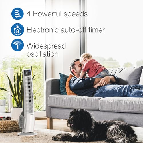 Oscillating Tower Fan with Remote Control - 38-Inch White Bedroom & Office Fan - 4 Quiet Speeds