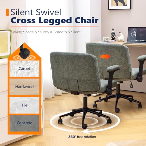 Dark Green Chenille Velvet Cross Legged Office Chair with Flip-Up Arms - Wide & Adjustable