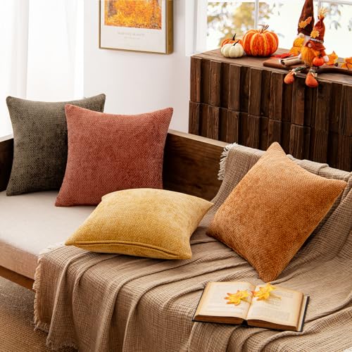 Orange Brown Chenille Fall Pillow Covers 20x20 Set of 4 – Luxurious Soft Decor