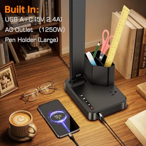 COZOO LED Desk Lamp with USB & AC Outlet, Pen Holder - Black