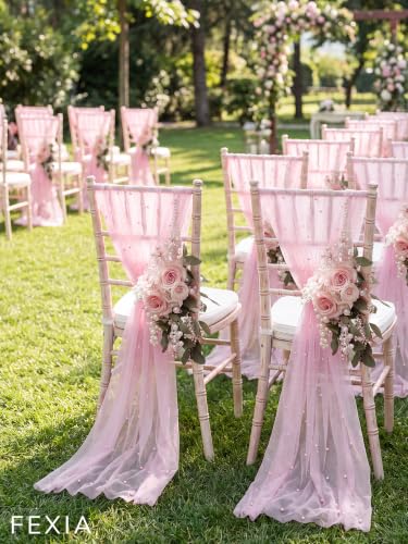 Pink Pearl 10ft Table Runner Tulle Gauze with Pearls - 27x120 inches, Soft Pink