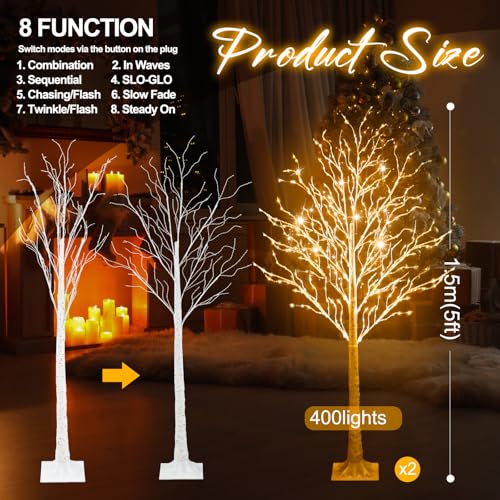 Aurelema 2 Pcs 5ft Lighted Birch Tree with 400 LEDs Warm White - 8 Modes, Timer